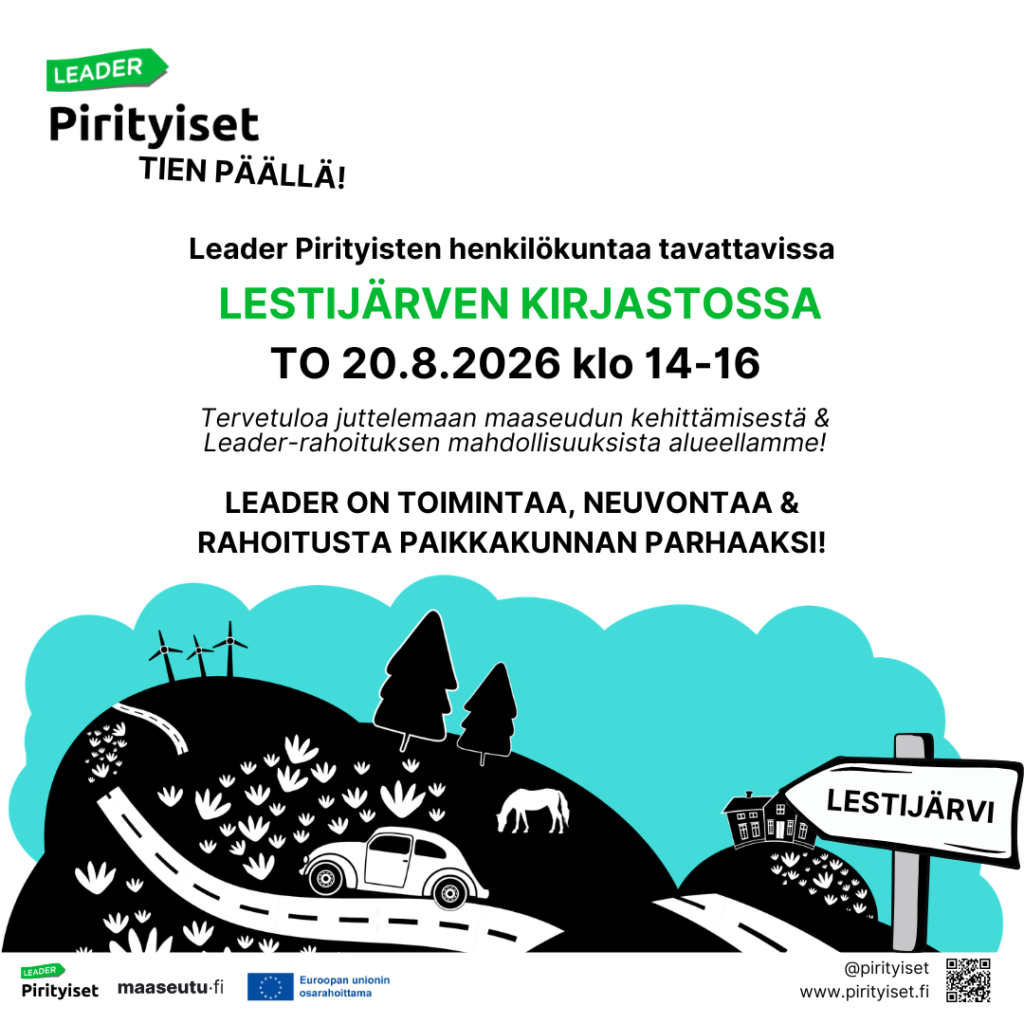 Graafinen kuva, jossa kerrotaan, että Pirityisten henkilökuntaa on tavattavissa 20.8.2026 Lestijärven kirjastossa klo 14-16.