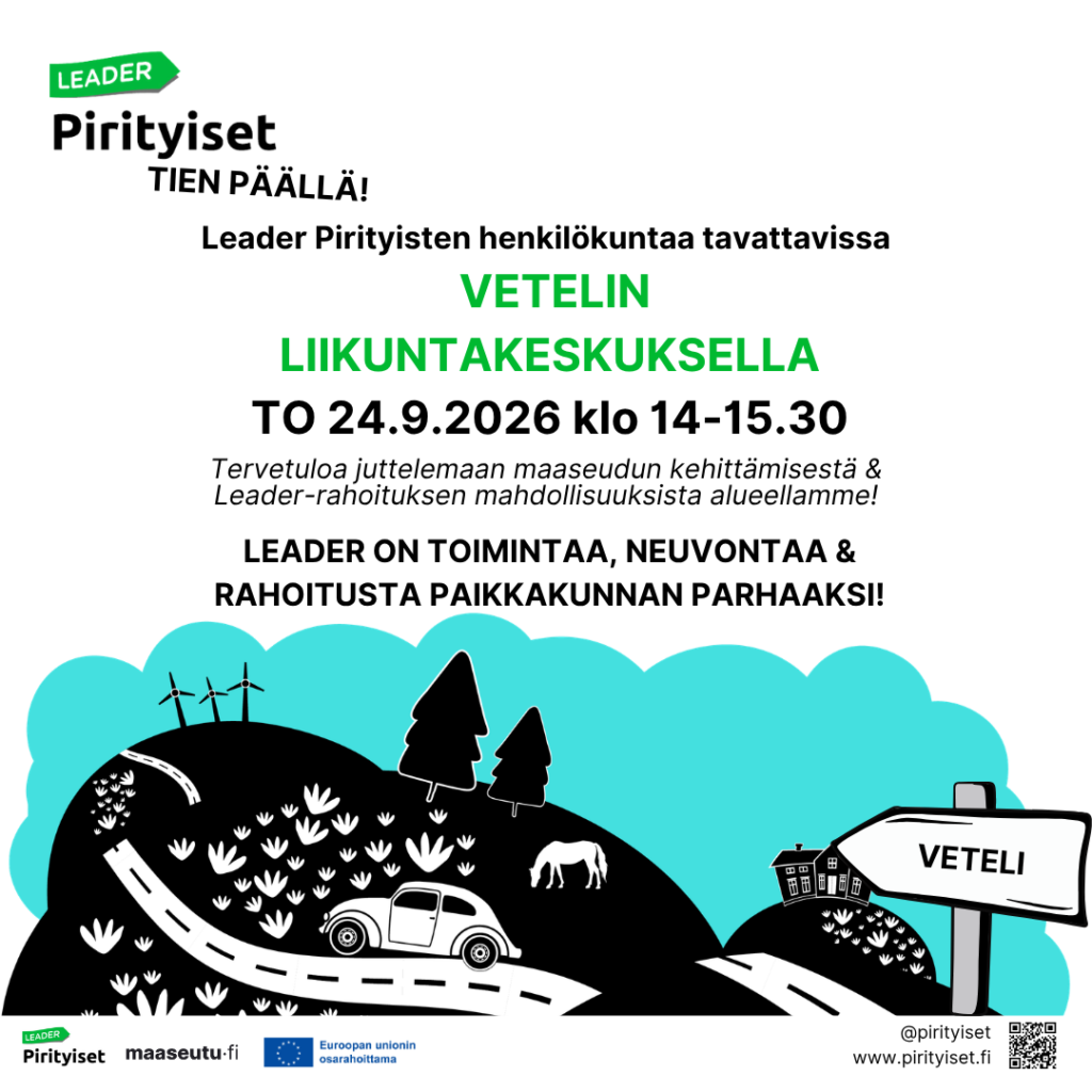 Graafisessa kuvassa kerrotaan Pirityisten Pop up -neuvontapisteestä Vetelin liikuntakeskuksella to 24.9.2026 klo 14-15.30