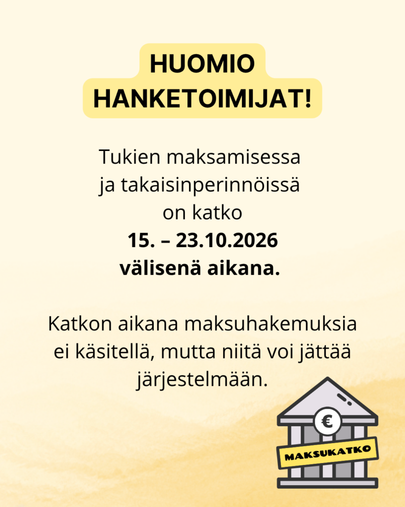 Tukien maksamisessa ja takaisinperinnöissä on katko 15. – 23.10.2026 välisenä aikana. Katkon aikana Ruokavirastossa ei käsitellä maksuaineistoja. Katko ei estä maksuhakemusten tallentamista järjestelmiin.